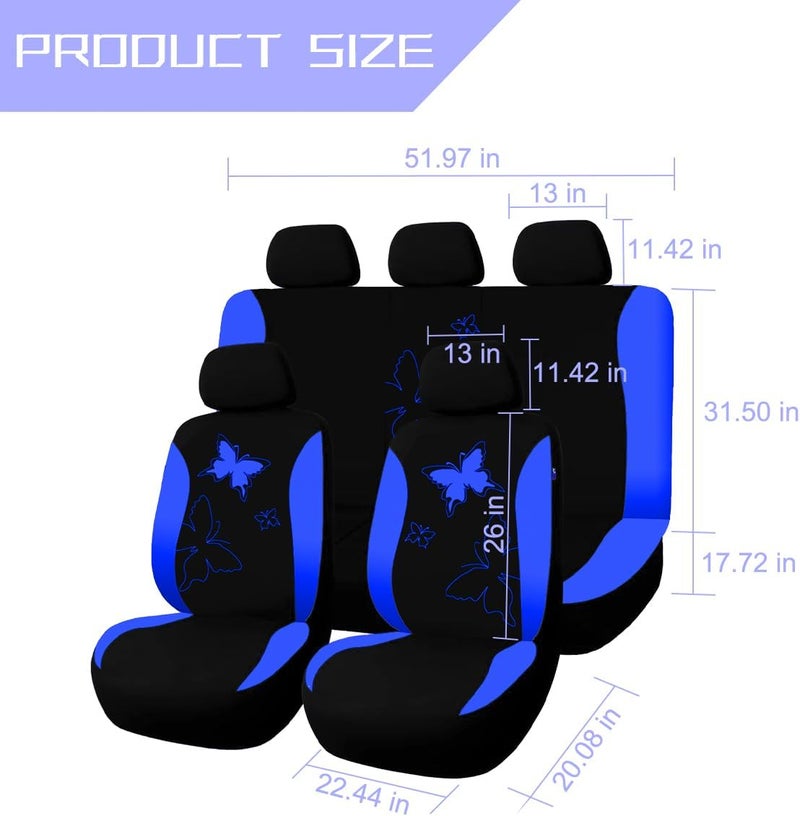 Sandfren Car Seat Covers, 9PCS Butterfly Print High Back Vehicle Front Seat & Rear Bench Protector, Breathable Automotive Interior Chair Accessories, Universal for SUV Sedan Truck (Blue) - Image 2